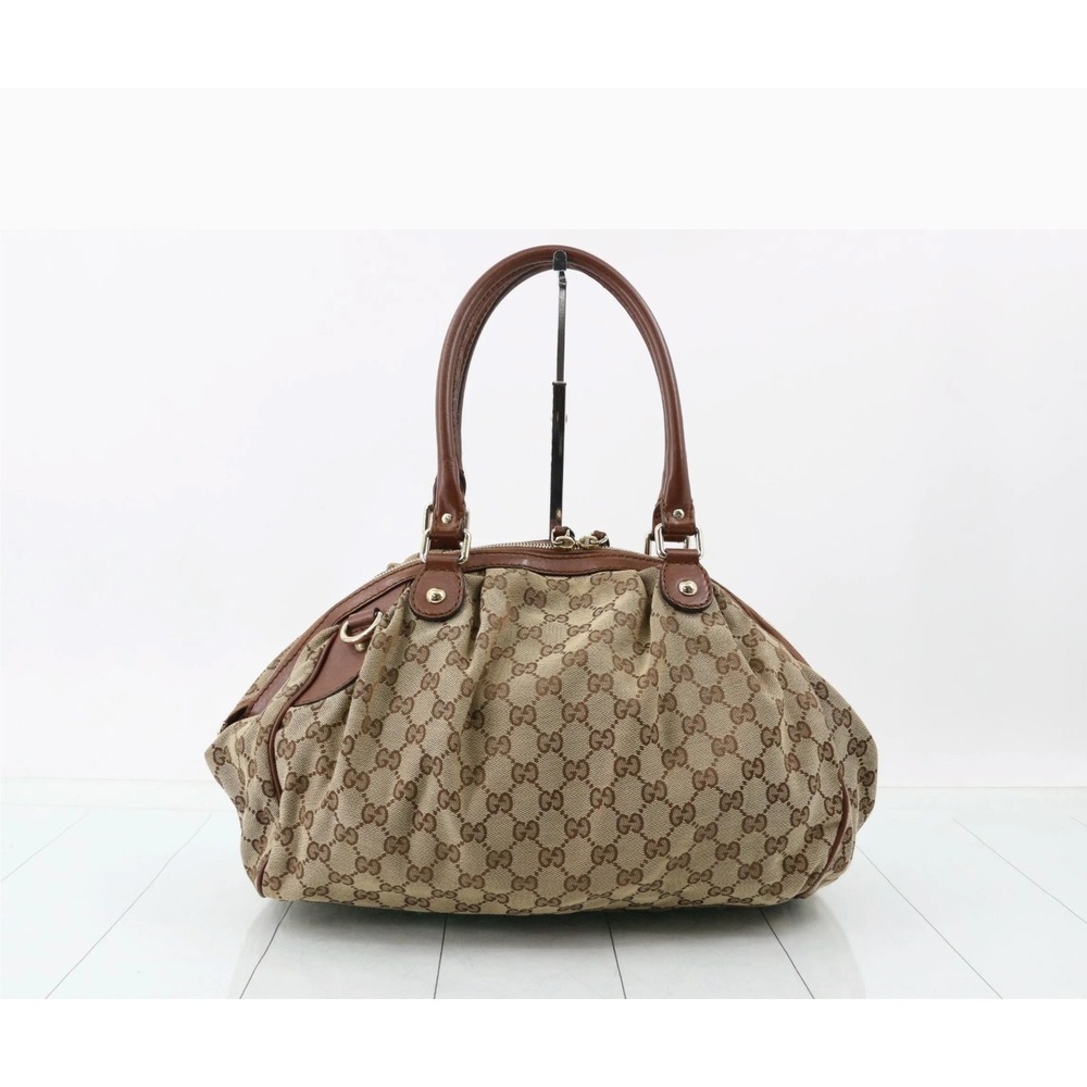 GUCCI Sukey Handbag Brown GG Monogram Canvas Leather‎ Trim Shoulder Bag
